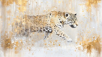 Canvas Print - Abstract Gold Splatter with Walking Jaguar