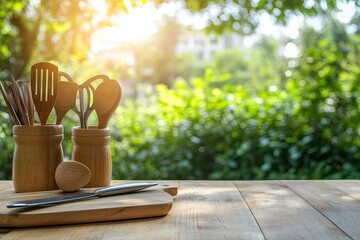 Wall Mural - Kitchen wooden utensils and tool on wooden table top and blurred green garden outside the window background. Space for products and objects , ai