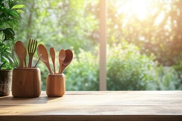 Wall Mural - Kitchen wooden utensils and tool on wooden table top and blurred green garden outside the window background. Space for products and objects , ai