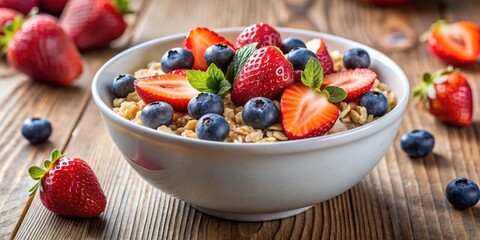 Wall Mural - Bowl of muesli with fresh strawberries and blueberries, perfect for a healthy and nutritious breakfast, healthy, breakfast