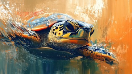 Wall Mural - A turtle portrayed in Abstract Expressionism style, with bold colors and dynamic brush strokes.