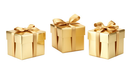 Wall Mural - three golden gift box isolated on transparent background cutout