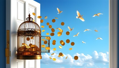 Wall Mural - Open birdcage with coins soaring in a clear blue sky, symbolizing prosperity and freedom