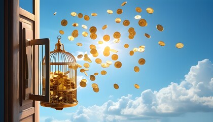 Open birdcage with coins soaring in a clear blue sky, symbolizing prosperity and freedom