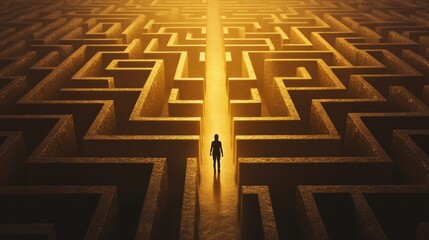 Silhouette of a Person Walking Through a Maze Towards the Light