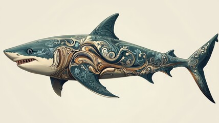 Wall Mural - A shark depicted in Art Nouveau style, featuring graceful curves and ornate patterns that enhance its form.