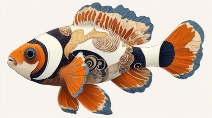 A clownfish depicted in Art Nouveau style, featuring intricate patterns and graceful curves blending with its natural form.