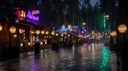 Poster - Nighttime Street Scene with Neon Lights  Cobblestone  and Lanterns