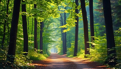 A peaceful forest path is surrounded by tall trees on both sides. The sun shines on the ground through the leaves, creating a warm atmosphere.