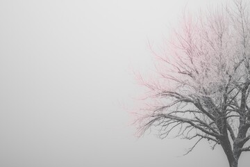 Frozen tree standing alone in winter fog landscape