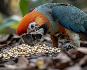 Vibrant Parrot Feasting Close-Up: Colorful Bird Eating Garden Seeds 