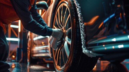 Hands of professional car service mechanic cleaning car wheel AI generated image