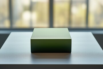 Poster - Green cube standing on white surface with window in background