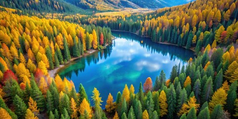 Wall Mural - Aerial view of vibrant Tamarack pine trees in autumn hues next to a serene blue mountain lake, Tamarack, pine trees