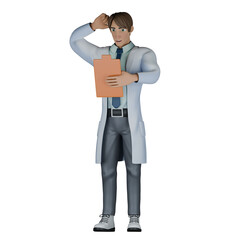 Illustrative 3D Male Doctor. A male doctor stands with his right hand scratching his head while his left hand is carrying a clipboard, he seems confused looking at the clipboard. Professional