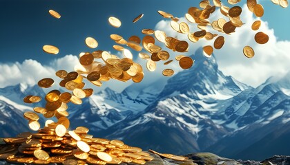 Wall Mural - Dancing gold coins in the breeze against a breathtaking mountain range, symbolizing financial success and the beauty of nature