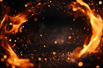 Wall Mural - Fire embers particles over black background. Fire sparks background. Abstract dark glitter fire particles lights from above and below, as a frame , ai