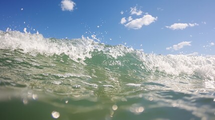 Canvas Print - Ocean Wave Splashing Under Blue Sky with Clouds