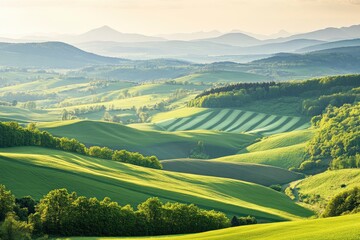 Wall Mural - A scenic view of rolling green hills and distant mountains in the Kralicky Sneznik Mountains of Czechia. The landscape is bathed in warm sunlight, creating a serene and peaceful atmosphere , ai