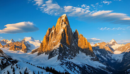 Mountain peak of the tibetan snow-capped mountains serene. Winter’s silent embrace, a beautiful panorama of the mountains at sunset