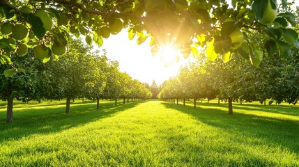 Wall Mural - Sun Shining Through Green Trees in Orchard