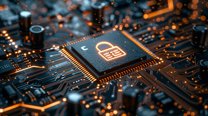Poster - A neon lock icon on high tech circuit board symbolizes security and technology
