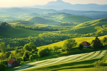 Wall Mural - A scenic view of rolling green hills and distant mountains in the Kralicky Sneznik Mountains of Czechia. The landscape is bathed in warm sunlight, creating a serene and peaceful atmosphere , ai