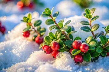 Cowberry green bush covered by white snow creating depth of field