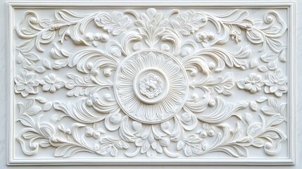 Poster - White Ornate Floral Design  Relief Sculpture  Architectural Detail  Gypsum Wall Panel