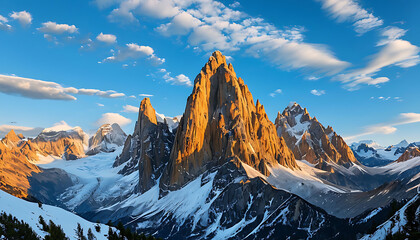 Mountain peak of the tibetan snow-capped mountains serene. Winter’s silent embrace, a beautiful panorama of the mountains at sunset