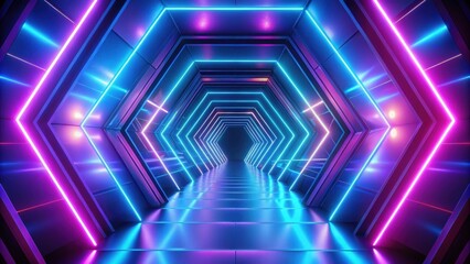 Wall Mural - Blue and purple neon tunnel made by heptagons, neon, tunnel, heptagons, abstract, geometric, design, colorful