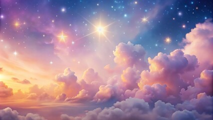 Wall Mural - Dreamy pastel sunset sky with fluffy clouds, soft glow, and twinkling stars , dreamy, pastel, sunset, sky, fluffy clouds, soft