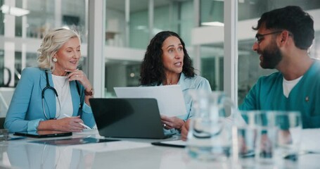 Canvas Print - Documents, medical and teamwork with people in boardroom of hospital for meeting, planning or research. Doctors, healthcare and nurses with professional medicine group in clinic for coaching