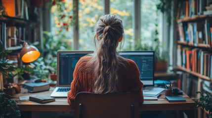 Poster - A woman sits at a desk with a laptop and a book. She is wearing an orange sweater and has long hair. The room is filled with books and plants, creating a cozy and comfortable atmosphere