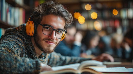 Wall Mural - A man wearing headphones and glasses is sitting at a table with a book in front of him. He is smiling and he is enjoying his time. The scene suggests a relaxed and comfortable atmosphere