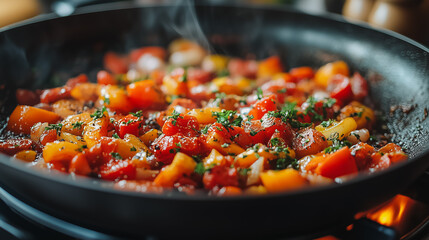 A black pan with a variety of vegetables including tomatoes and peppers. The vegetables are cooked and are steaming