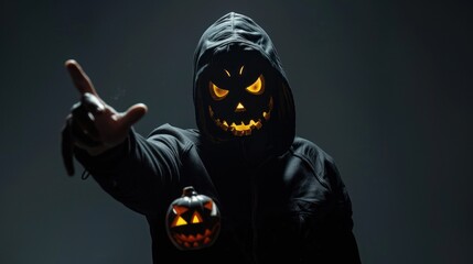 Mysterious man in scary halloween pumpkin mask reaching towards camera on dark background