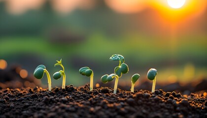 Wall Mural - Sun-kissed seedlings thriving in rich soil at dawn