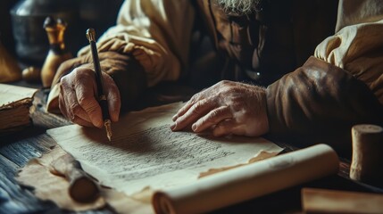 Wall Mural - ancient merchant signing a risky trade deal on a parchment, historical finance agreement, risk and h