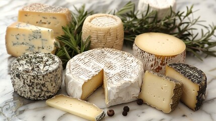 Assortment of different types of cheese on a marble surface with rosemary sprigs and peppercorns.