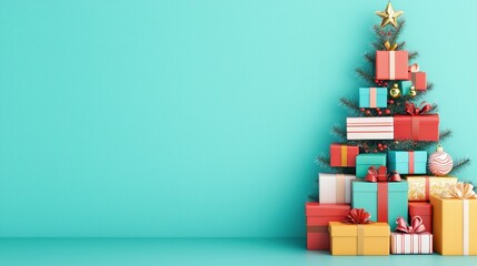 Poster - Christmas Tree Made of Gift Boxes on Blue Background