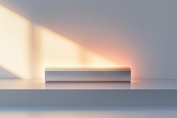 Poster - Empty metallic podium illuminating by sunlight from window