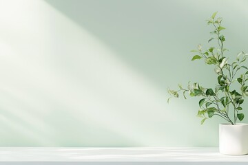 Poster - green plant casting a shadow on a green wall in a minimalist room