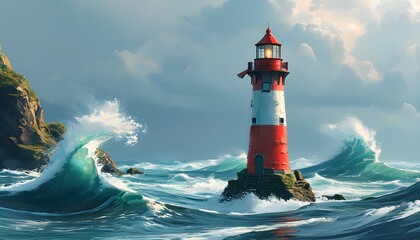 Wall Mural - Stormy Ocean with Striking Lighthouse in Digital Concept Illustration