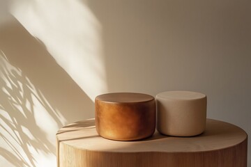 Poster - Two empty cylinder podiums on wooden table displaying products with sunlight