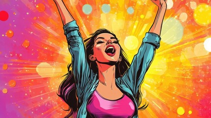 Woman celebrating high credit score, pop art, vibrant colors, sketch, retro comic book style