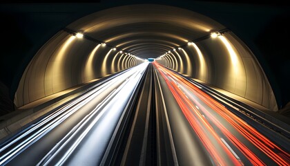 Nighttime tunnel traffic illuminated by highway lights on a bustling road