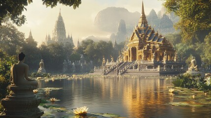 An old Thai pagoda with intricate gold details, surrounded by lotus ponds and ancient stone statues.