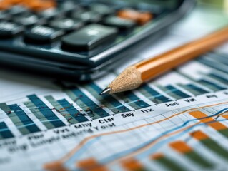 A calculator, pencil, and financial graphs on paper, with a green bar graph showing growth in sales or stock value of a company. 