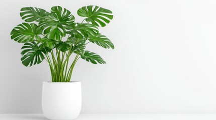 Poster - Monstera Deliciosa Plant in White Pot Against White Wall